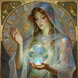 a mystical digital illustration of a fortune - teller gypsy woman with a crystal ball in her hand, iridescent scaled skin, refraction and reflections, translucent, shawl, robes, scarf, artstation, painting by alphonse mucha and bouguereau and ruan jia and conrad roset