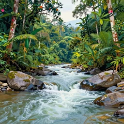 ( ( ( gediminas pranckevicius ) ) ), river flow through borneo jungle, summer morning, very coherent and colorful high contrast art by james gilleard floralpunk screen printing woodblock, dark shadows, pastel color, hard lighting