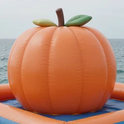 huge matte orange adult bouncy castle in big fruits form in mop head material like a big puffer with seams, in the open sea, style by anish kapoor, parts by shih chieh huang, film still from the movie directed by denis villeneuve with art direction by zdzisław beksinski, close up, telephoto lens, shallow depth of field, warm soft