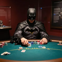 batman playing poker and winning in a museum, photograph of, extremely detailed