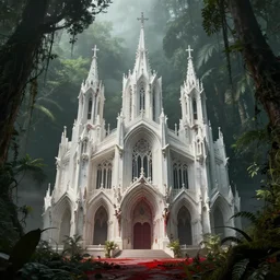 concept art of a white bone biopunk art nouveau cathedral, exterior architecture within a lush jungle, beautiful landscape, sharp focus, hyper detailed, hyperrealism, volumetric, by daytoner daniel hahn, blood red, unreal engine 5, ominous, misty, dappled lighting through trees, cinematic, creepy, 8 k