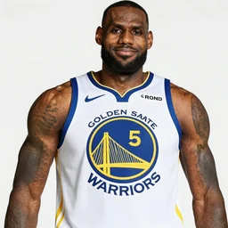 professional close!!! up!!! shot!!! photograph of lebron james wearing a golden state warriors jersey in an nba game, wearing nba jersey, focus on face, clear image, as seen on getty images, smooth, uncompressed,
