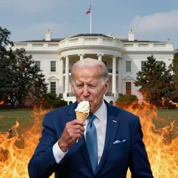 cinematic artwork of joe biden eating an ice cream in front of the whitehouse, whitehouse on fire behind him artwork by greg rutowski, 4 k, masterpiece