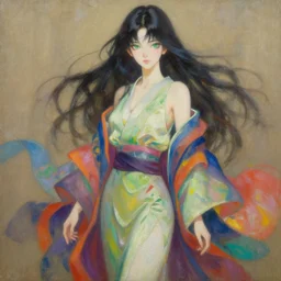 masterpiece oil painting full body portrait shot, oil painting of an anime girl with beautiful features, beautiful modern elegantly dressed anime girl wearing flowing colourful elegant clothes, highly detailed face, detailed green heterchromia eyes, alphonse white datura, range murata, 8 k oil painting