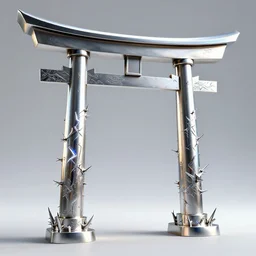 3 d photographic render of a fractal torii gate metallic sculpture, chrometype, made of liquid metal, neotribal with thorns and thunders, minimal japanese temple, raytraced, hyper realistic, volumetric lightning, uvs, 8 k, by zhelong xu, ouchh and and innate studio, chromatic aberration