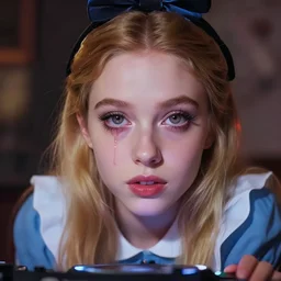 lazy eye melting hyper realistic photograph of pretty girl, lighting alice in wonderland, dj sura, artgerm, ilya kuvshinov