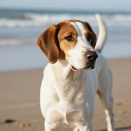 white hound dog with dark brown head and one spot on but on the beach, hyper realism, cinematic, volumetric lighting, sunlight, high detail, 8k, depth of field, professional photo, photorealistic,