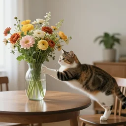 a cat pushes a vase of flowers from the table
