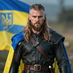 a still frame of ragnar lothbrok portrait with ukrainian flag