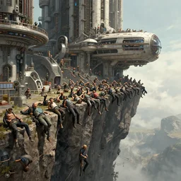 many humans falling down from cliff, concept art, huge sci - fi facility, intricate details, trending on artstation, octane render, art by ruan jia, peter mohrbacher, syd mead