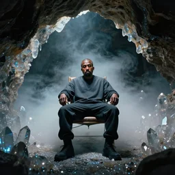 of kanye west as a man on chair, cave with crystals, glitter, volumetric light, foggy, smokey, moody, kodak photography, blue accents rembrandt light. w 6 0 0