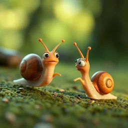 cute snails racing each other, pixar movie, ultra sharp, highly detailed