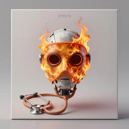 An album cover, fire, mask, stethoscope, 3d render, ((robot)), (unreal engine), ((rust)), photograph, portrait, painting, São! Paulo!