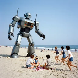 washed out 1 9 6 7 kodachrome photo of a giant robot disrupting a picnic on a beach sending teenagers running