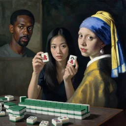 a young and beautiful Asian woman holding up 2 pieces of Chinese Mahjong, painted by Kerry James Marshall and Vermeer, cinematic style of Wong Kar Wei, Stanley Kubricks.