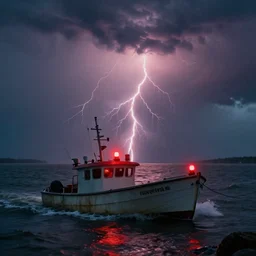 small boat caught in a storm, red lightnings, tornado, 1995 photo