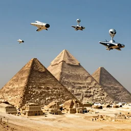 a group of alien spacecraft flying over the pyramids