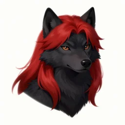character concept art of a black anthropomorphic furry male wolf long red hair | | cute - fine - face, pretty face, key visual, realistic shaded perfect face, fine details by stanley artgerm lau, wlop, rossdraws, james jean, andrei riabovitchev, marc simonetti, and sakimichan, trending on artstation