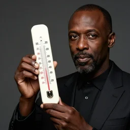 kilometer davis the famous european jazz man, holding a thermometer in celsius degrees