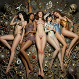 girls resting, fantasy character portrait, ultra realistic, wide angle, intricate details, the fifth element artifacts,, bikini, skirt, shorts, long shirt, bodysuit, leotard, highly detailed by peter mohrbacher, hajime sorayama, wayne barlowe, boris vallejo, paolo eleuteri serpieri