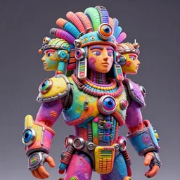 photo of a huge opalescent claymodel of a multicolored steampunk t 8 0 0 from terminator with three heads, wearing a aztec helmet with multicolored irisdiscent tubes and shiny metallic devices, 3 d render, crisp, trippy, 8 k, fluorescent colors, insanely integrate