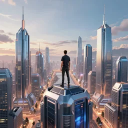 man standing on the top of building overseeing the city skyline of a futuristic solarpunk city, 4 k - hd photo