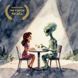 light watercolor painting of the predictor alien on a romantic date