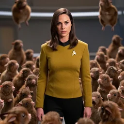 Gal Gadot, in Starfleet uniform, in the role of Captain Kirk, with lots of Tribbles!!!! everywhere