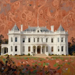oil baroque landscape painting of a gigantic white victorian style mansion, concept art, rembrandt, warm colors, wallpaper, 4 k, realistic lighting, brushstrokes, ultra - wide