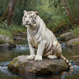 a white tiger sitting on a large rock within a woodland creek, highly detailed, trending on pixiv, realistic oil paint artwork made in 2 0 2 0.