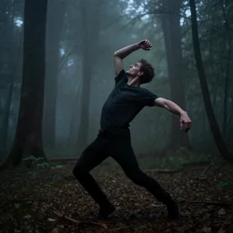 a smudged, scratched, grainy and blurry photograph showing the whole body of a young tall man dynamically and frenetically dancing in the dark forest. it's a wild and unpredictable dance. in the foggy woods, night time