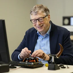 bill gates doing maintenance on an evil animatronic bill gates