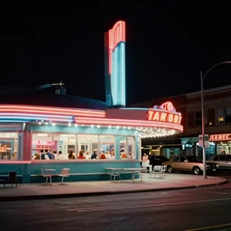 color street view in america of market district at night, diner, from 1 9 7 2, retro futurism on film kodachrome, blade runner tones
