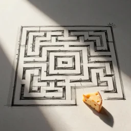 a complex hand drawn maze with a picture of cheese at the exit