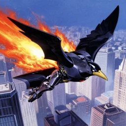 the batwing, jetfire ( g 1 ), macross valkyrie, in the shape of a mechanical raven, flying above a the city, in a still of blade runner ( 1 9 8 2 ) by shoji kawamori
