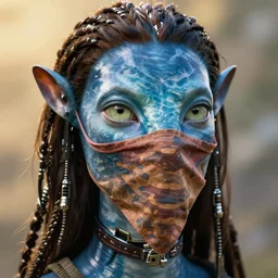a stunning ultra detailed fantasy fine art portrait photo of a na'vi from avatar movie, by tom bagshaw, artgerm and natalie shau, bandana mask, 3 5 mm lens, golden ratio composition, deep depth of field, perfect eyes and face, biomechanical robot, cybernetic implants, cyberpunk, soft lighting, artstation, 8 k
