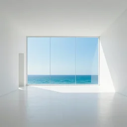 a large white room with minimalist architecture and a large glass wall that shows the ocean, underwater,