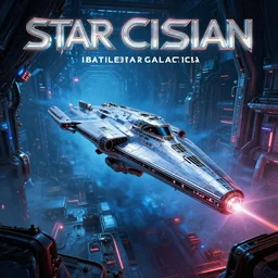 a  photo of the chrome  starship , star citizen ,landing   in a massive mass effect halo robot factory at night,blue haze, volume metric lighting, retracing, unreal, concept art cyperpunk video game poster design with intricate details :: magic the gathering, Battlestar Galactica, neon lighting, lens flare, rich vibrant colors, High contrast, blizzard concept artist, acrion, syd mead