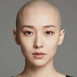 portrait karen fukuhara bald neutral expression face straight on headshot even lighting