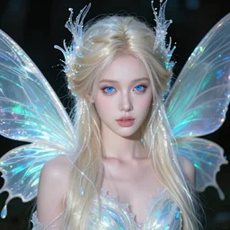 a highly detailed professional portrait of a female fairy, photo by annie liebovitz, beautiful pale blonde model with blue symmetrical eyes, glowing fairy wings, luminescent, otherworldly, high fantasy art, iridescent colors, ethereal aesthetic, fashion photography, intricate design, fae elements, detailed shiny hair, whimsical, atmospheric,