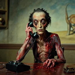 the strange creature talks on the rotary phone, made of blood, film still from the movie directed by Denis Villeneuve with art direction by Salvador Dalí, wide lens