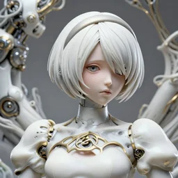 hyper detailed ultra sharp portrait of a beautiful well contoured porcelain ivory nier automata!, artstation!! detailed elegant clothes, up close shot, sharp focus, global illumination, ambient lighting pixiv!! polymechanical scenery art, biomechanical white silver gold vaporwave rhizomorphs headdress, dream texture, alexandre ferra, irakli nadar, alexander mcqueen, nier automata render 4 k