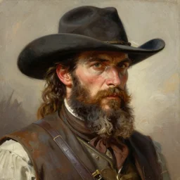 N. C. Wyeth painting bearded gunslinger, painted fantasy character portrait, headshot, fantasy, highly detailed, digital painting, artstation, concept art, sharp focus, illustration, art by the golden age of American illustration archive, simon bisley and frank frazetta, artgerm and greg rutkowski and alphonse mucha