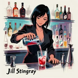 Jill Stingray, VA-11 Hall-A, sketch, cyberpunk, bartending, dark hair, suit, mixing drinks, by Tetsuya Nomura