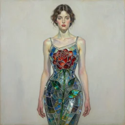 beautiful woman wearing a dress made from stained space glass in the design of a rose. painting by artgerm and greg rutkowski and ilya kuvshinov paul lerh
