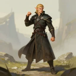 beautiful half elf monk, young, full body longcoat, fisting, high fantasy, digital illustration, by michael komarck