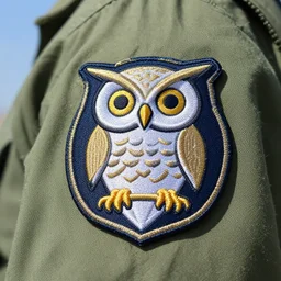 an emblem of owl, emblem of air force, emblem of power, emblem of strength, emblem of domination, emblem on uniform, emblem on war uniform, emblem of war plane, sew on uniform, photorealistic, 7 5 mm, realistic uniform, realistic war uniform, realistic emblem, close up, hyper realistic, photo, photography, shallow focus, background blue sky