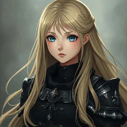 baroque oil painting anime key visual character portrait ln illustration | young girl black military crusader armour | long flowing blonde hair blue eyes | symmetrical perfect face fine detail delicate features soft quiet gaze | fitted black military uniform | lotr gapmoe kuudere moody lighting bokeh | trending on pixiv fanbox | by greg rutkowski makoto shinkai takashi takeuchi studio ghibli