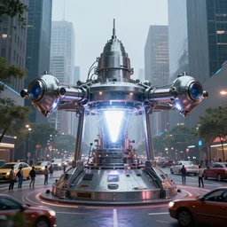 teleportation machine in a city, with people and cars around it, the machine itself is a large metal contraption with a bright light in the center