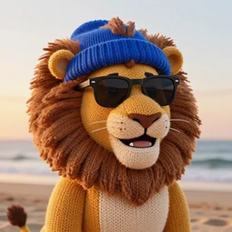 a photorealistic picture of a knitted smiling Mufasa lion wearing a blue beanie cap and sunglasses at the beach during sunset Trending on Artstation, featured on Behance, well-rendered, intricate, highly detailed, very crispy, Unreal Engine, 4K HD